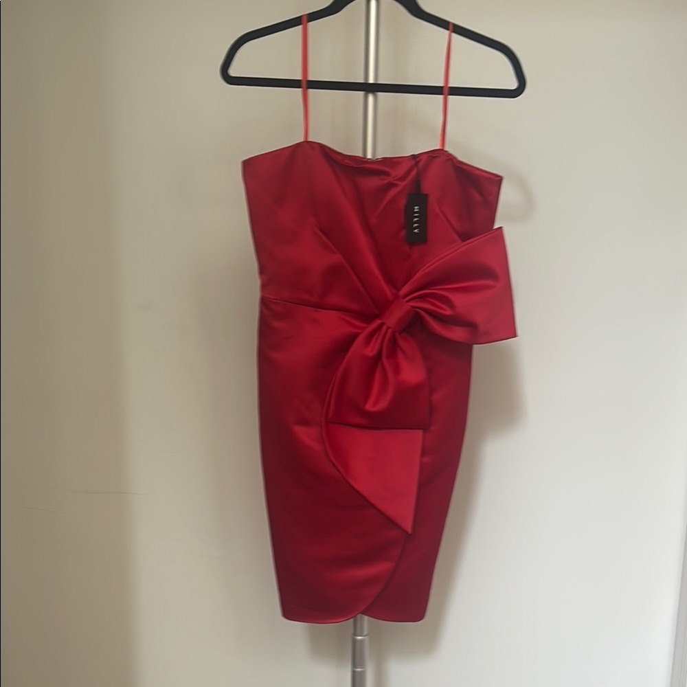 Milly Scarlet Satin Mini Dress with Statement Bow